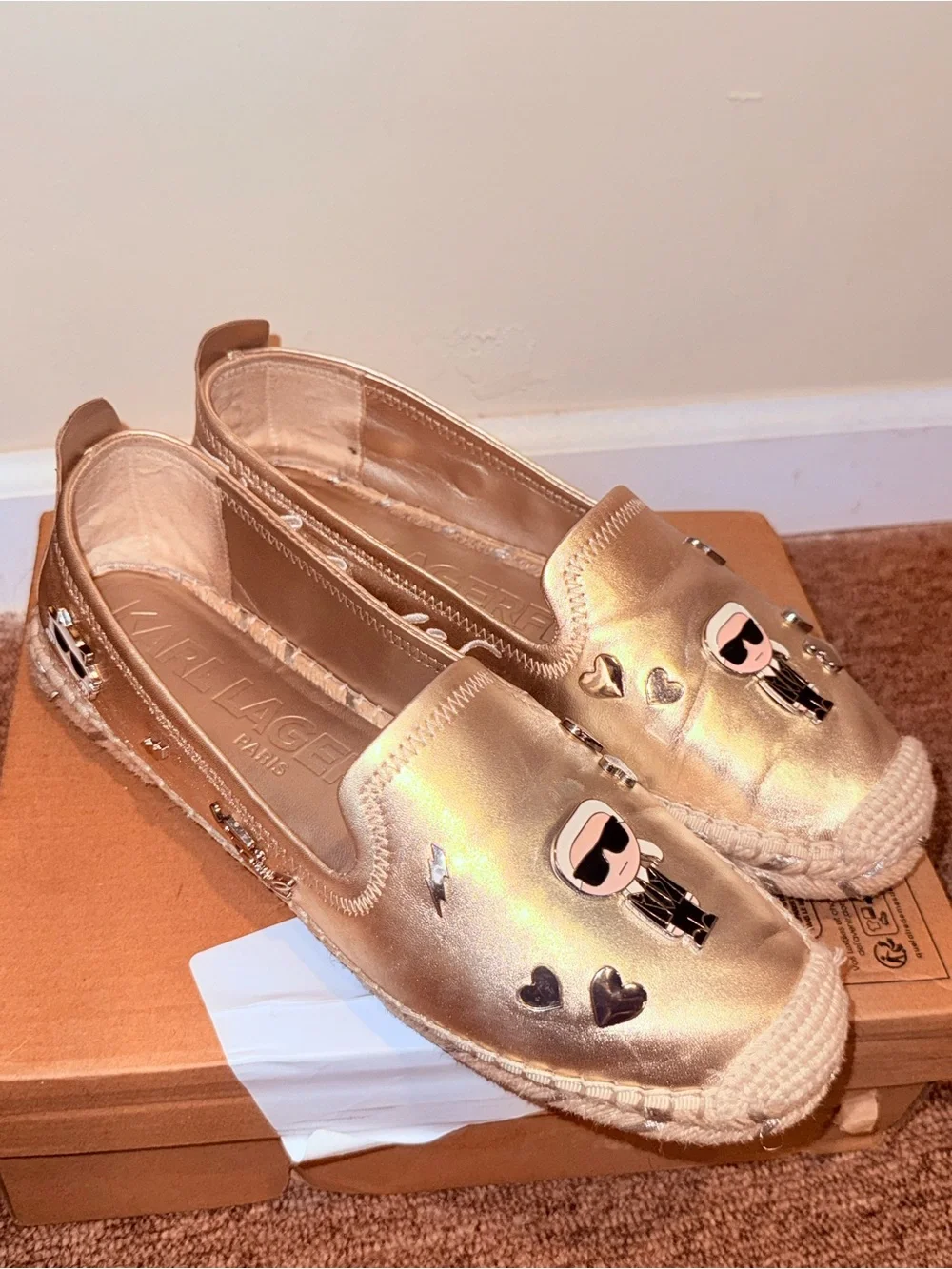 Karl Lagerfeld Metallic Gold Espadrille Slip-Ons with Character & Heart Accents
